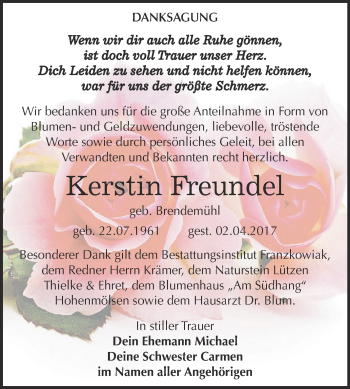 Traueranzeige von Kerstin Freundel von WVG - Wochenspiegel NMB / WSF / ZTZ