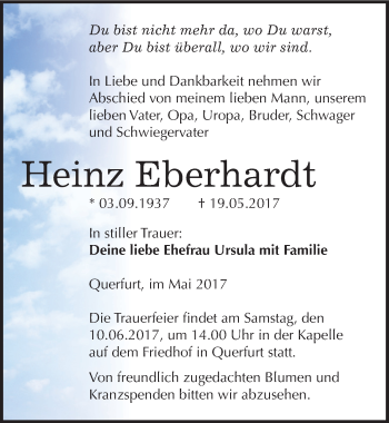Traueranzeige von Heinz Eberhardt von Mitteldeutsche Zeitung Merseburg/Querfurt