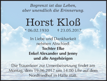 Traueranzeige von Horst Kloß von Mitteldeutsche Zeitung Merseburg/Querfurt