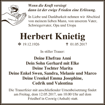 Traueranzeige von Herbert Knietig von WVG - Wochenspiegel Dessau / Köthen