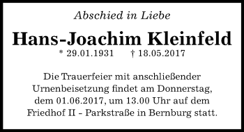 Traueranzeige von Hans-Joachim Kleinfeld von Mitteldeutsche Zeitung Bernburg
