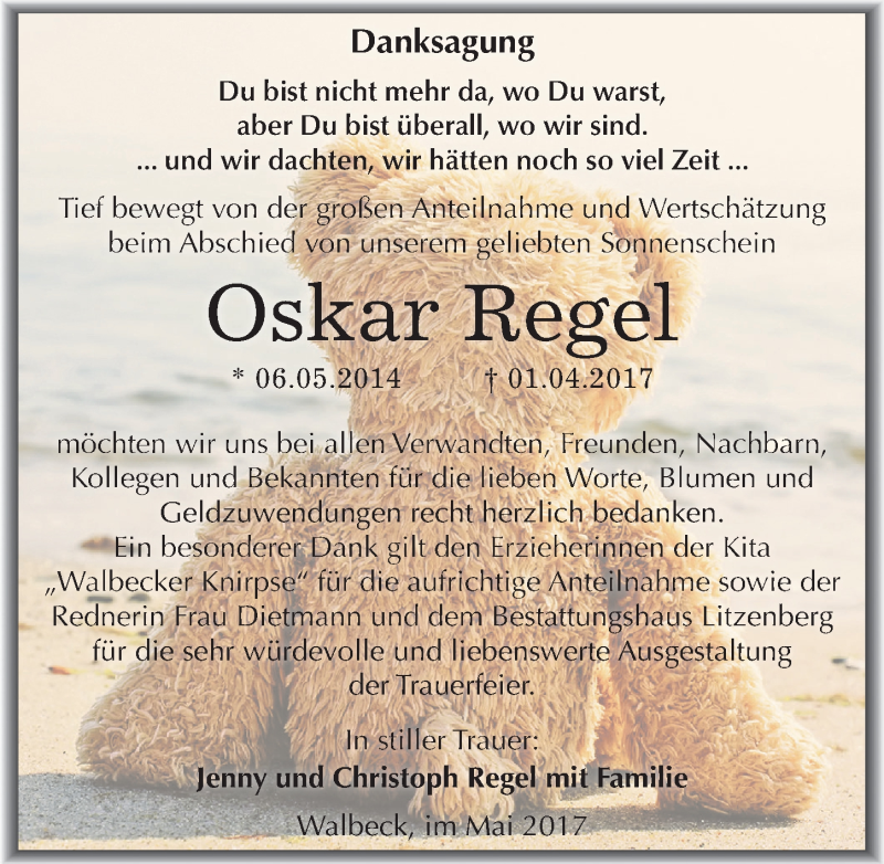  Traueranzeige für Oskar Regel vom 12.05.2017 aus Mitteldeutsche Zeitung Mansfelder Land