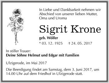 Traueranzeige von Sigrit Krone von Mitteldeutsche Zeitung Mansfelder Land