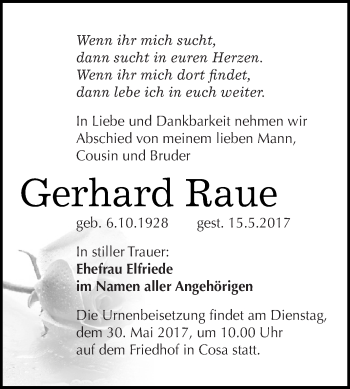 Traueranzeige von Gerhard Raue von WVG - Wochenspiegel Dessau / Köthen
