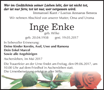 Traueranzeige von Inge Enke von Mitteldeutsche Zeitung Aschersleben
