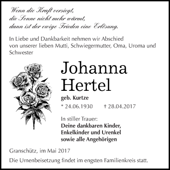 Traueranzeige von Johanna Hertel von WVG - Wochenspiegel NMB / WSF / ZTZ