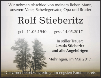 Traueranzeige von Rolf Stieberitz von Super Sonntag Aschersleben