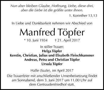 Traueranzeige von Manfred Töpfer von Mitteldeutsche Zeitung Halle/Saalkreis