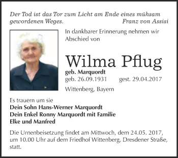 Traueranzeige von Wilma Pflug von WVG - Wochenspiegel Wittenberg