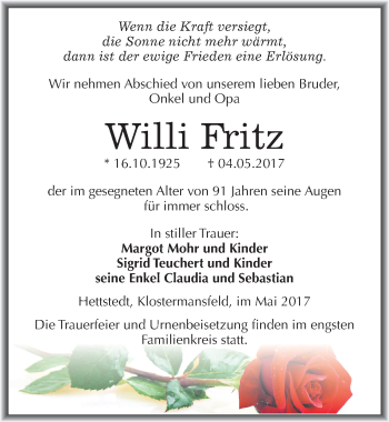 Traueranzeige von Willi Fritz von Mitteldeutsche Zeitung Mansfelder Land