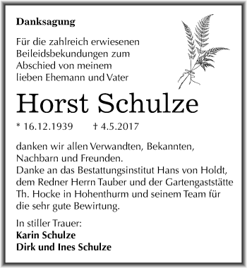 Traueranzeige von Horst Schulze von Mitteldeutsche Zeitung Halle/Saalkreis