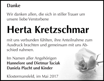 Traueranzeige von Herta Kretzschmar von Wochenspiegel Mansfelder Land