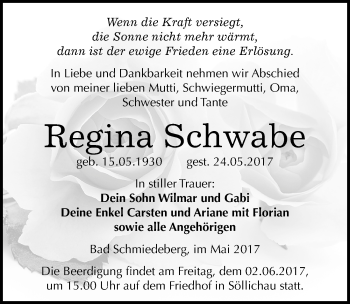 Traueranzeige von Regina Schwabe von Mitteldeutsche Zeitung Wittenberg