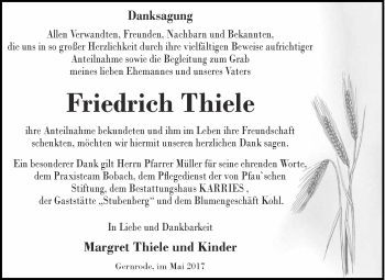 Traueranzeige von Friedrich Thiele von WVG - Wochenspiegel Quedlinburg