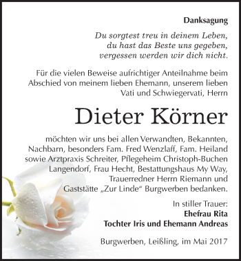 Traueranzeige von Dieter Körner von Mitteldeutsche Zeitung Weißenfels