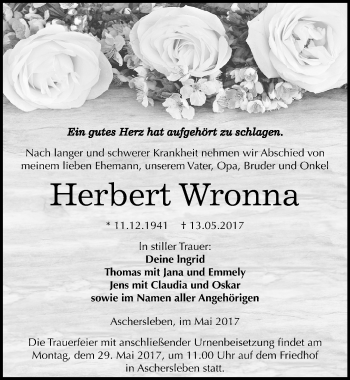 Traueranzeige von Herbert Wronna von Mitteldeutsche Zeitung Aschersleben
