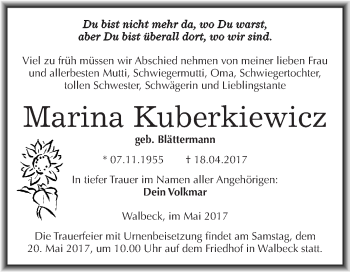 Traueranzeige von Marina Kuberkiewicz von Super Sonntag SGH Mansf. Land