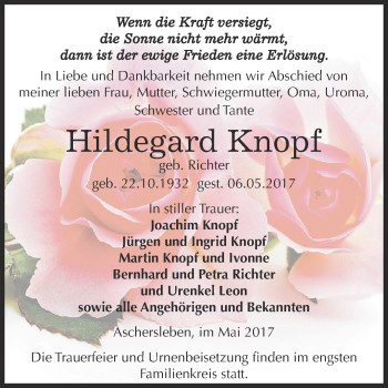Traueranzeige von Hildegard Knopf von Super Sonntag Aschersleben