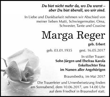 Traueranzeige von Marga Reger von WVG - Wochenspiegel Merseburg