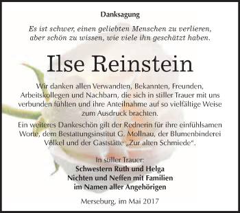 Traueranzeige von Ilse Reinstein von WVG - Wochenspiegel Merseburg