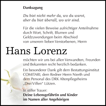Traueranzeige von Hans Lorenz von WVG - Wochenspiegel NMB / WSF / ZTZ