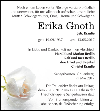 Traueranzeige von Erika Gnoth von Super Sonntag SGH Mansf. Land