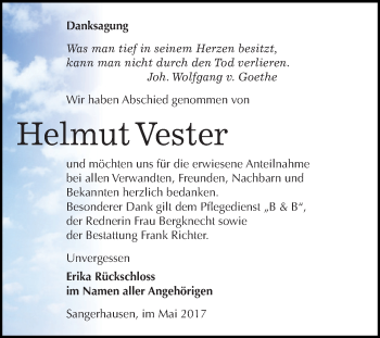 Traueranzeige von Helmut Vester von Super Sonntag SGH Mansf. Land