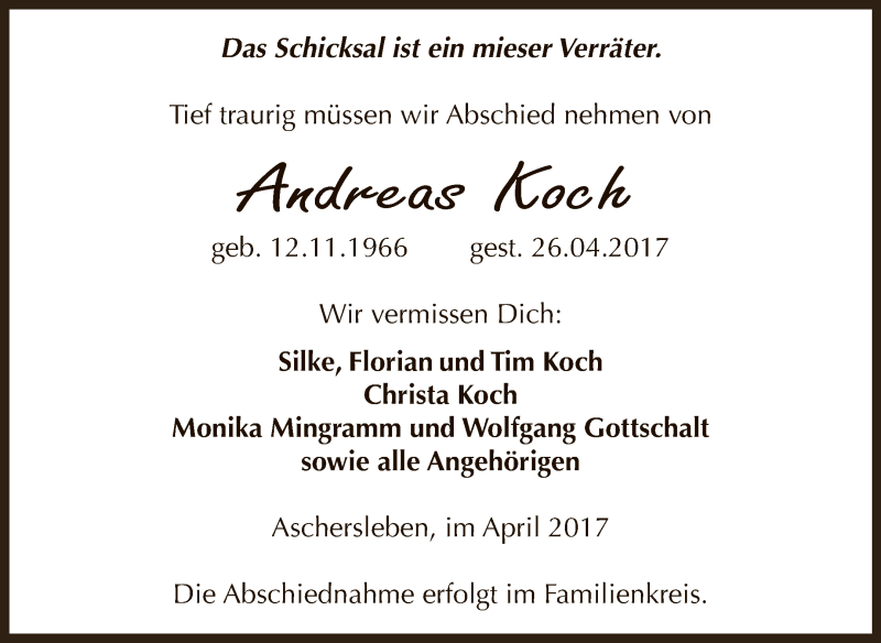  Traueranzeige für Andreas Koch vom 03.05.2017 aus Super Sonntag Aschersleben
