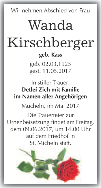 Traueranzeige von Wanda Kirschberger von WVG - Wochenspiegel Merseburg