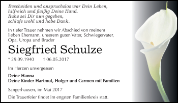 Traueranzeige von Siegfried Schulze von Super Sonntag SGH Mansf. Land