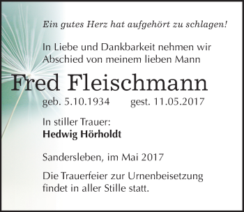 Traueranzeige von Fred Fleischmann von Mitteldeutsche Zeitung Mansfelder Land
