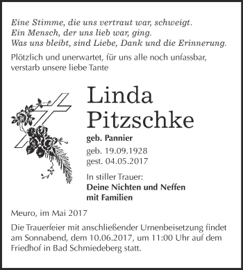 Traueranzeige von Linda Pitzschke von WVG - Wochenspiegel Wittenberg