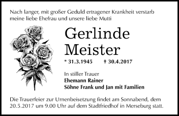 Traueranzeige von Gerlinde Meister von Mitteldeutsche Zeitung Merseburg/Querfurt