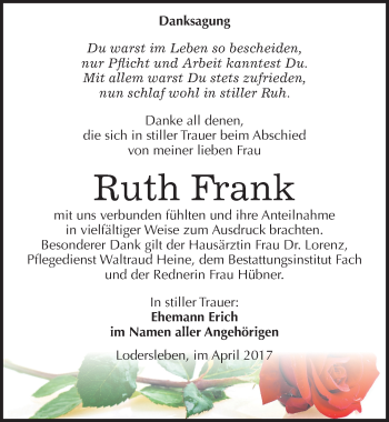 Traueranzeige von Ruth Frank von Mitteldeutsche Zeitung Merseburg/Querfurt