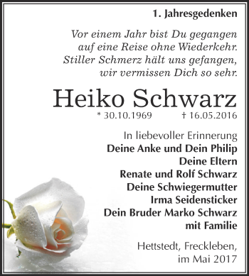 Traueranzeige von Heiko Schwarz von Super Sonntag Aschersleben
