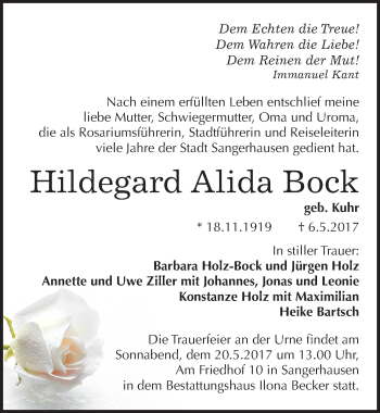 Traueranzeige von Hildegard Alida Bock von Mitteldeutsche Zeitung Sangerhausen