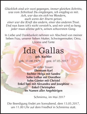 Traueranzeige von Ida Gallas von Mitteldeutsche Zeitung Merseburg/Querfurt