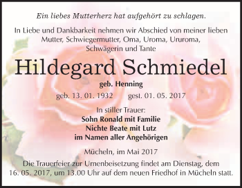 Traueranzeige von Hildegard Schmiedel von WVG - Wochenspiegel Merseburg