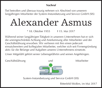 Traueranzeige von Alexander Asmus von Mitteldeutsche Zeitung Bitterfeld