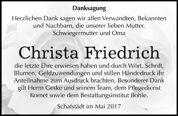 Traueranzeige von Christa Friedrich von Mitteldeutsche Zeitung Merseburg/Querfurt