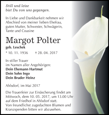Traueranzeige von Margot Polter von Super Sonntag SGH Mansf. Land