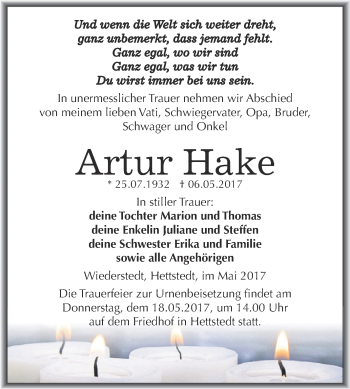 Traueranzeige von Artur Hake von Super Sonntag SGH Mansf. Land