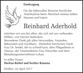 Traueranzeige von Reinhard Aderhold von WVG - Wochenspiegel Bitterfeld