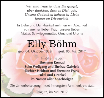 Traueranzeige von Elly Böhm von Super Sonntag Zeitz