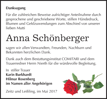 Traueranzeige von Anna Schönberger von Mitteldeutsche Zeitung Zeitz