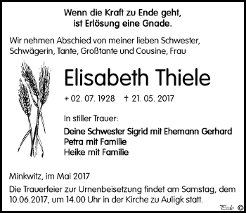 Traueranzeige von Elisabeth Thiele von Mitteldeutsche Zeitung Zeitz