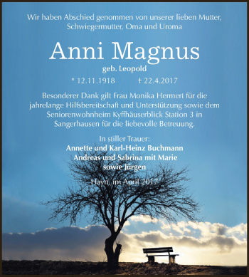 Traueranzeige von Anni Magnus von Super Sonntag SGH Mansf. Land
