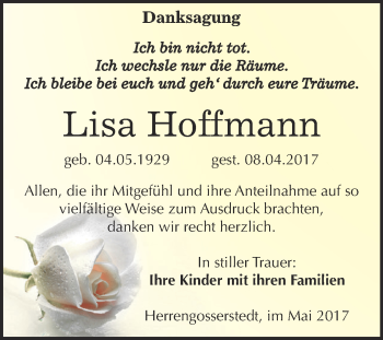 Traueranzeige von Lisa Hoffmann von WVG - Wochenspiegel NMB / WSF / ZTZ