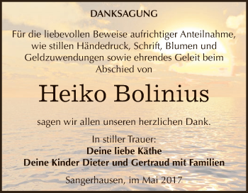 Traueranzeige von Heiko Bolinius von Super Sonntag SGH Mansf. Land