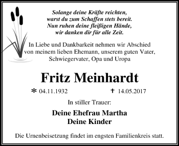 Traueranzeige von Fritz Meinhardt von Mitteldeutsche Zeitung Dessau-Roßlau